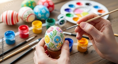 Decorating easter eggs with paintbrushes and colorful paints for holiday celebrations