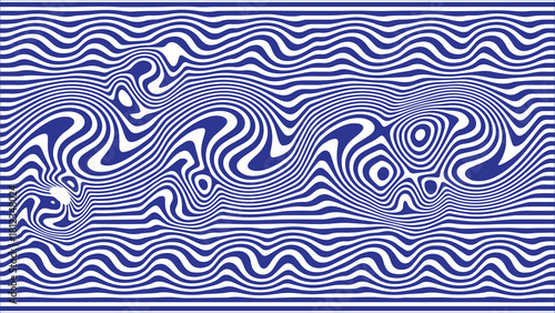 Wavy blue and white lines create a hypnotic optical pattern with flowing distortions