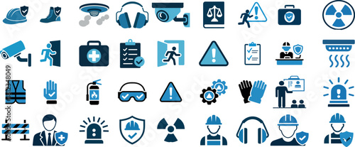 Workplace safety, security, and hazard prevention flat icon set