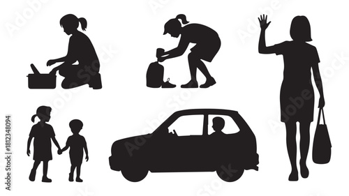 Silhouette set of family activities vector illustration of daily life scenes isolated on white background