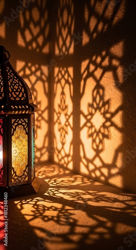 Decorative lantern casting intricate shadows on a warm lit surface