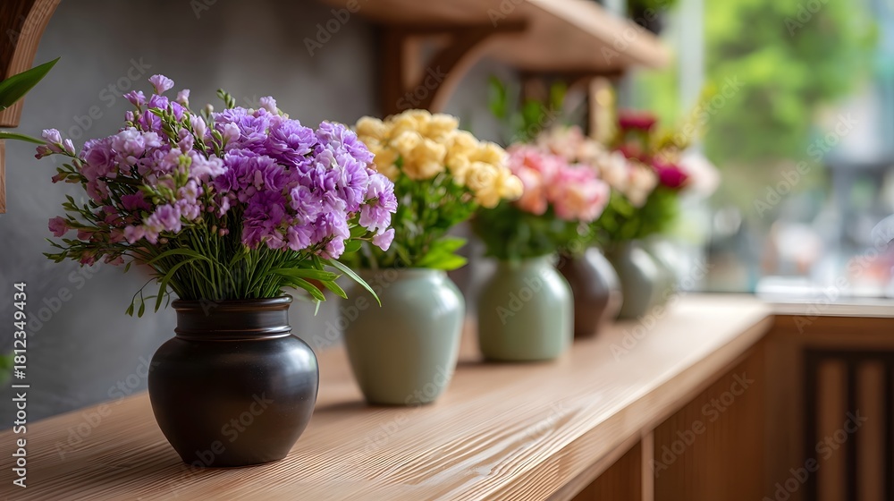 Obraz premium Colorful flower arrangements in vases displayed on a wooden shelf