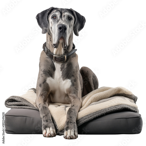 Majestic great dane dog with striking merle coat pattern relaxing comfortably on its pet bed, looking directly at the camera.