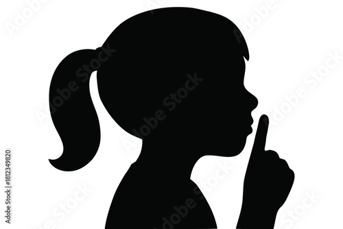 Young girl silhouette shushing finger on lips profile isolated white background