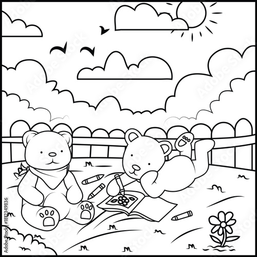 Adorable teddy bears enjoying a sunny day reading and playing outdoors in a garden coloring page
