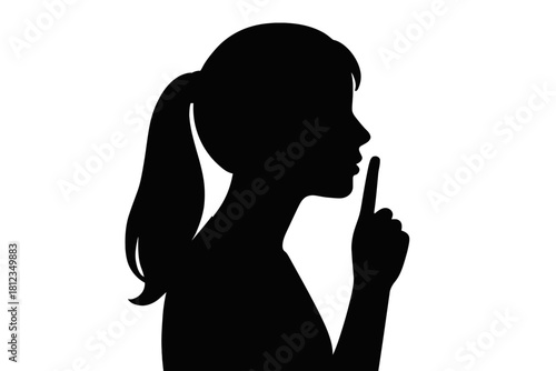 Woman silhouette shushing finger on lips profile isolated on white background