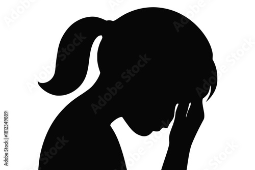 Woman silhouette stressed holding head hand isolated on white background