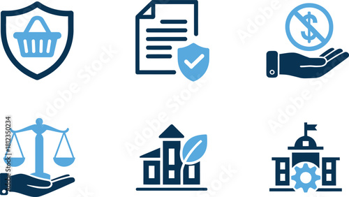 Set of blue and dark blue business and legal concept icon collection