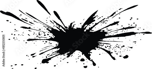 Black ink splatter paint design elements. Abstract black in splash, paint, brush strokes, stain grunge isolated on transparency background. Black paint splash texture on white background.