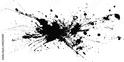 Black ink splatter paint design elements. Abstract black in splash, paint, brush strokes, stain grunge isolated on transparency background. Black paint splash texture on white background.