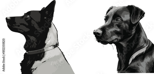Two Different Dog Portraits in Monochrome - Vector Set