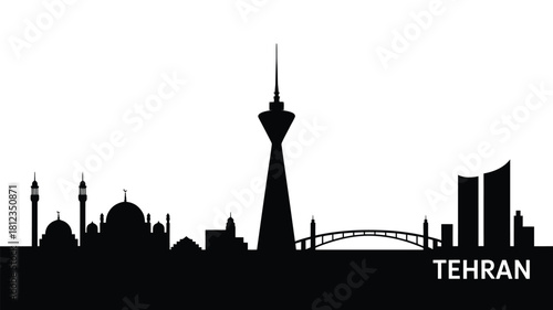 Tehran city skyline silhouette with milad tower and bridge