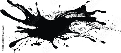 Black ink splatter paint design elements. Abstract black in splash, paint, brush strokes, stain grunge isolated on transparency background. Black paint splash texture on white background.