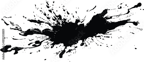 Black ink splatter paint design elements. Abstract black in splash, paint, brush strokes, stain grunge isolated on transparency background. Black paint splash texture on white background.