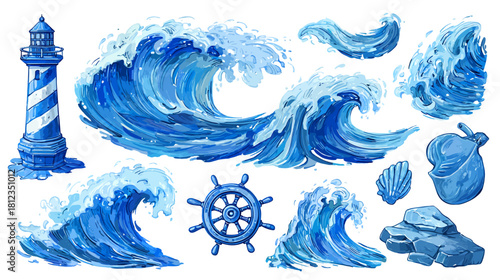 Watercolor hand-drawn nautical elements set with ocean waves, lighthouse, ship's wheel, and seashells. Artistic marine illustration collection.