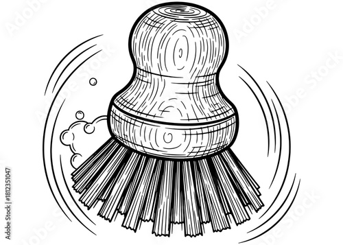 Bamboo dish brush for kitchen cleaning. Eco-friendly wooden scrubber with natural bristles. Zero waste household concept. Black and white line art vector illustration.