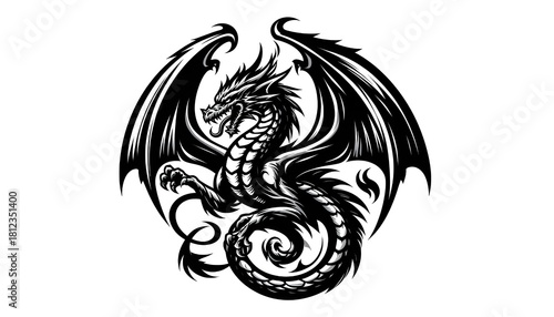 Wallpaper Mural Epic Watercolor Dragon Emblem: Majestic Fire and Ice Fantasy Creature Mascot with Blank Scroll Banner Torontodigital.ca