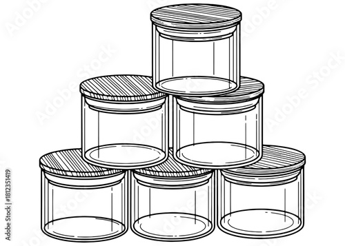 Pyramid stack of empty glass storage jars with wooden lids. Zero waste kitchen pantry organization. Black and white line art vector.