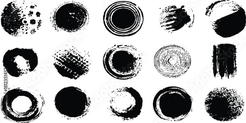 A collection of circular textures featuring various patterns and effects, Various circular textures with distinct patterns, showcasing a range of lines and swirls in monochrome shades.