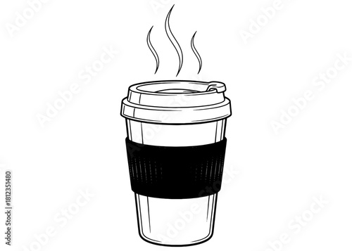  Reusable coffee cup with lid and sleeve. Eco-friendly travel mug for hot beverages. Black and white line art vector illustration.