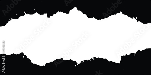 Torn paper revealing black space with rough edges, abstract design concept. Black paper isolated on white background. Ripped black and white paper, copy space. 