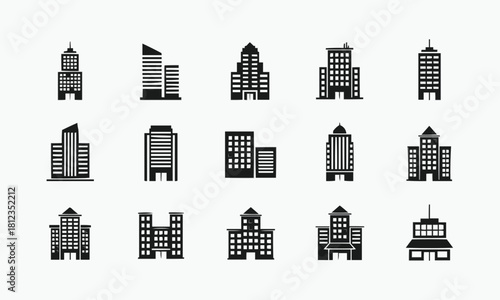 Collection of diverse architectural building icons representing government and public institutions isolated on white background