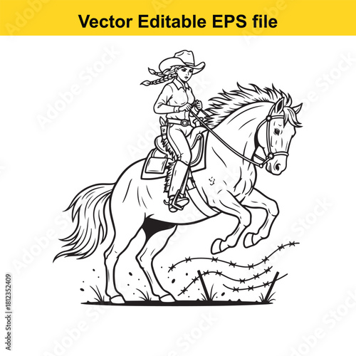 Outline drawing of a cowgirl wearing a cowboy hat riding a galloping horse over barbed wire, isolated on