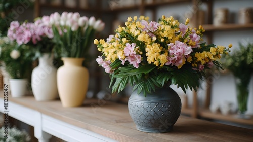 Wallpaper Mural A vibrant bouquet of yellow and pink flowers in a blue vase sits on a wooden counter with other floral arrangements blurred in the background Torontodigital.ca