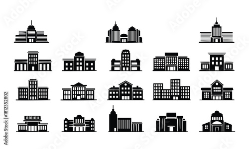 Collection of diverse architectural building icons representing government and public institutions isolated on white background