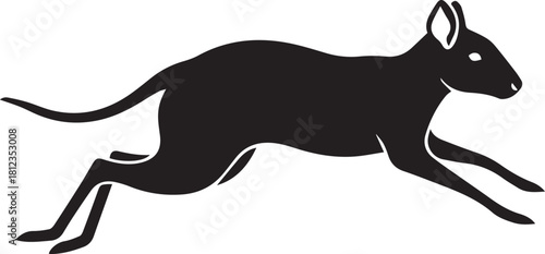 Silhouette of a small black mouse running quickly with its tail trailing behind on a plain background