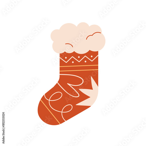 Christmas stocking. Xmas sock, boot festive holiday gifts. New Year decoration with winter pattern. Seasonal soft woolen accessory with fur trim. Flat vector illustration isolated on white background.