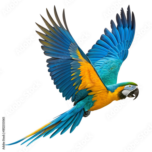 A blue and yellow parrot flying isolated on a transparent background 