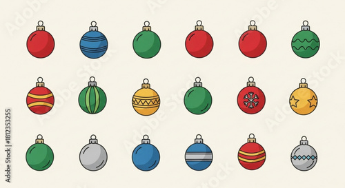 Festive Christmas Ornaments Collection, Colorful Holiday Baubles for Joyful Celebrations, Perfect for Seasonal Greetings and Winter Designs, Originally Scalable Vector
