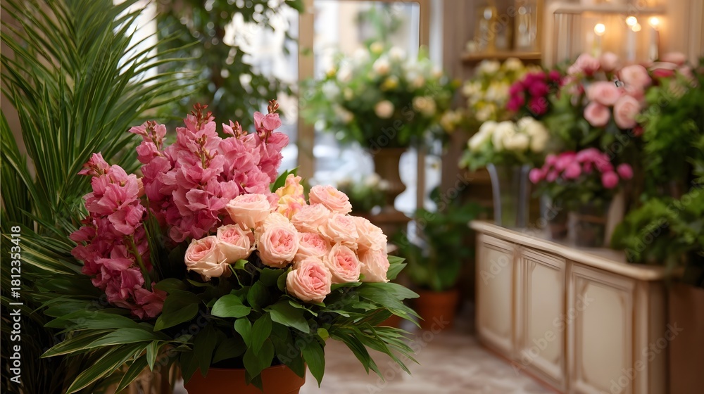 Fototapeta premium Elegant floral boutique interior showcasing a vibrant display of pink roses and tall pink flowers in arrangements with lush green foliage