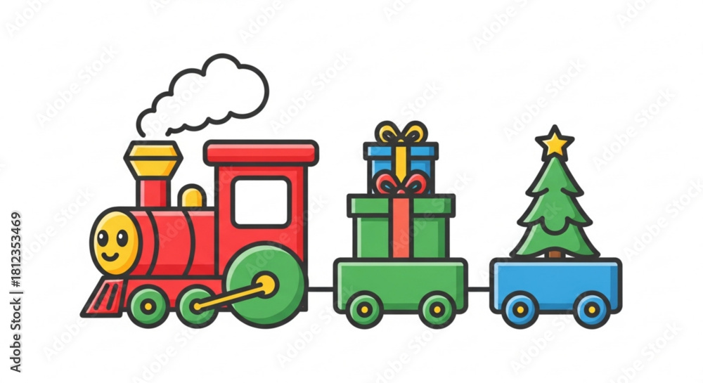 Naklejka premium Festive holiday train bringing Christmas cheer and joyful gifts, perfect for seasonal projects and family celebrations with a touch of whimsical fun