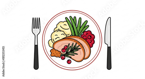 Festive holiday dinner plate with turkey and cranberry sauce, perfect for Thanksgiving or Christmas celebrations, a delicious seasonal meal invitation