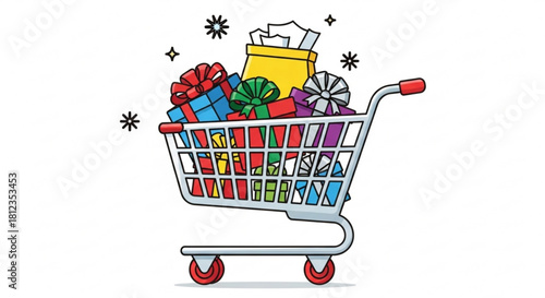 Delightful shopping cart overflowing with colorful gifts and holiday magic, perfect for retail promotions, festive designs, and joyful celebration themes