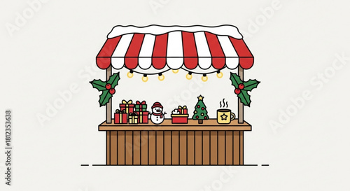 Charming Christmas market stall with gifts, snowman, and hot cocoa, perfect for festive designs and holiday greetings from this originally vector graphic
