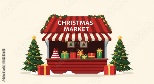 Festive Christmas market stall with gifts and trees, perfect for holiday promotions and seasonal greetings, bringing the joyful spirit of winter holidays