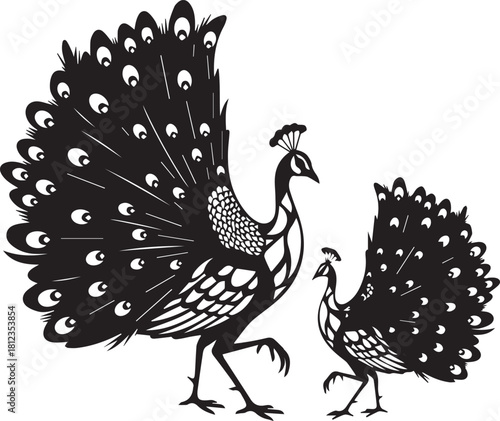 Elegant silhouette of two peacocks majestic birds with feathered tails artistic representation of nature