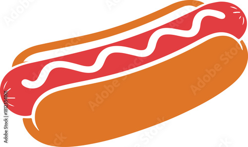 Stylized Hot Dog with Mustard Swirl on White Background sausage condiment