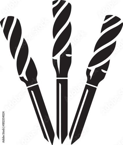 Three black drill bits with twisted flutes arranged in a fan shape tool hardware
