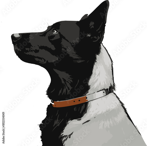 Black and White Dog Portrait Illustration on Grey Background