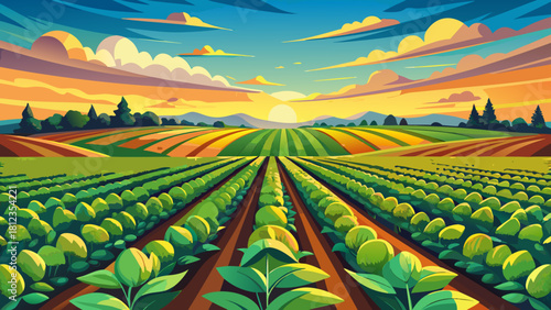 Very beautiful North Dakota soybean fields stretching across open farmland, showcasing vibrant rows of mature crops under clear skies, representing an essential agricultural resource used for feed, 