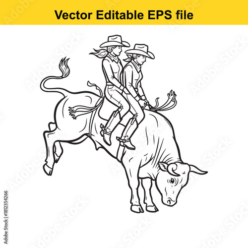 Black and white line art vector illustration of two cowgirls riding a bucking bull during a rodeo competition, isolated on