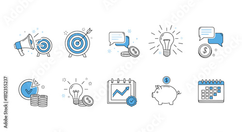 A set of hand drawn icons related to marketing, business, and finance, including a megaphone, target, lightbulb, and piggy bank isolated on