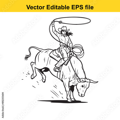 Black and white line art vector illustration of a female rodeo rider skillfully lassoing a bucking bull during a wild west competition, isolated on