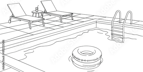 Architectural sketch of a swimming pool deck with lounge chairs and a ladder