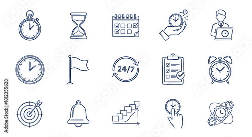 A set of hand drawn icons representing time management, productivity, and business efficiency isolated on the icons are in a grunge style, giving them a vintage look