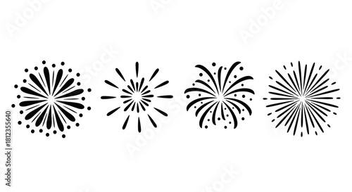 A set of four different fireworks designs, each with a unique shape and style isolated on the fireworks are black and white, creating a striking contrast